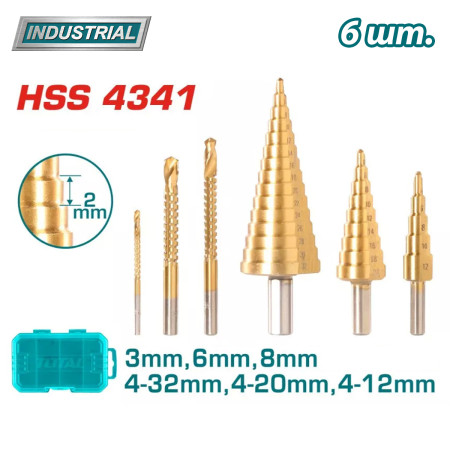 Набор ступенчатых и фрезерных сверл TOTAL TACSD2061 (6шт) Набор ступенчатых и фрезерных сверл TOTAL TACSD2061 (6шт)