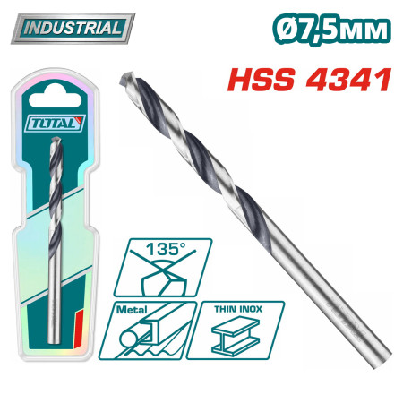 Сверло по металлу HSS 7,5 мм TOTAL TAC1200754 Сверло по металлу HSS 7,5 мм TOTAL TAC1200754