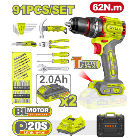 Дрель-шуруповерт ударная с набором инструмента DYLLU DTDT4B91 (91 предмет)
