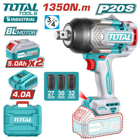 Аккумуляторный ударный гайковерт (2 акк., зарядное устройство) 20В 1350Нм TOTAL TIWLI20135 Аккумуляторный ударный гайковерт (2 акк., зарядное устройство) 20В 1350Нм TOTAL TIWLI20135