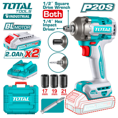 Аккумуляторный ударный шуруповерт-гайковерт (2 акк., 1 заряд. устройство) 20В 230Нм TOTAL TIWLI2023 Аккумуляторный ударный шуруповерт-гайковерт (2 акк., 1 заряд. устройство) 20В 230Нм TOTAL TIWLI2023