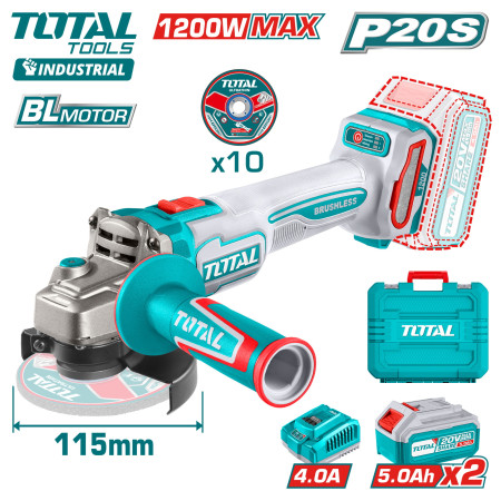 Аккумуляторная угловая шлифовальная машина (2 акк., 1 заряд. устройство) 20В 115мм TOTAL TAGLI221