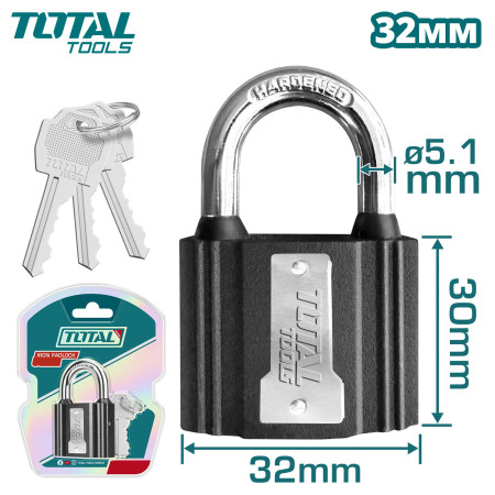 Навесной замок железный 3 ключа 32мм TOTAL TLK31321 Навесной замок железный 3 ключа 32мм TOTAL TLK31321